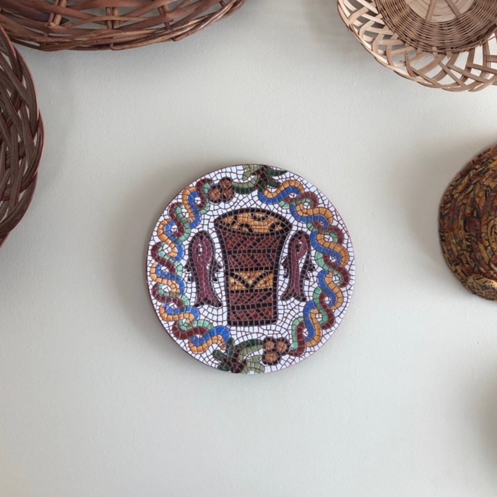 Mosaic tile decorative hanging plate fish and basket 8.5”
Religious?